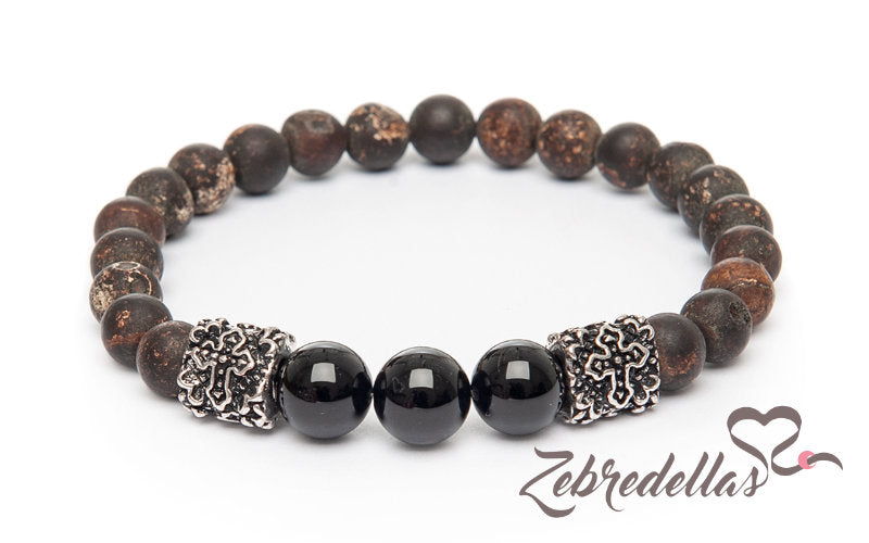 Agate, Onyx & Gothic Cross – Elastic Bracelet