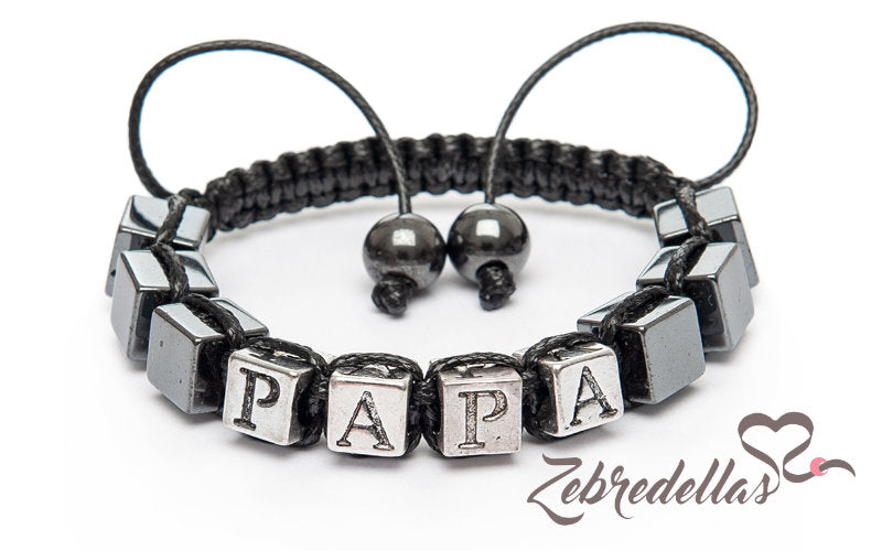 Cubed Hematite “PAPA” – 8mm Braided Bracelet