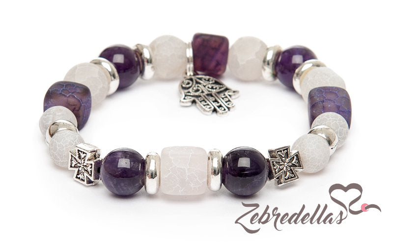 Amethyst & Agate – Hamsa & Cross Elastic Bracelet