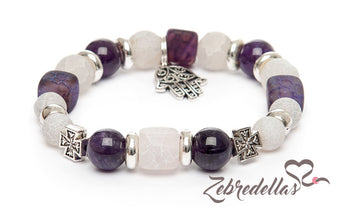 Amethyst & Agate – Hamsa & Cross Elastic Bracelet