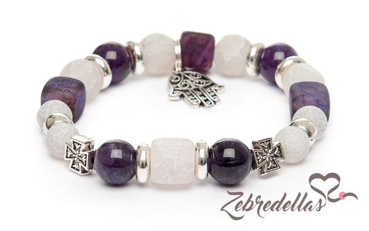 Amethyst & Agate – Hamsa & Cross Elastic Bracelet